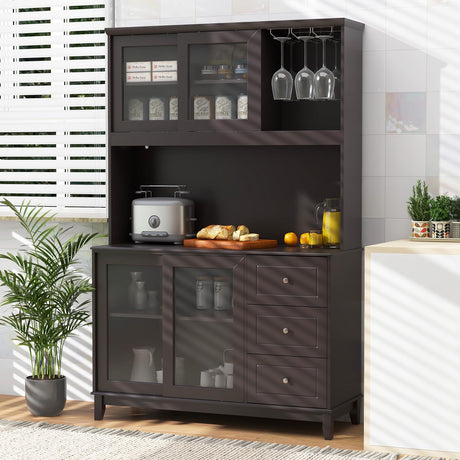 Giantex 73" Kitchen Pantry Storage Cabinet, Hutch Cabinet with LED Lights & Power Outlet, Kitchen Buffet Cabinet w/Wine Glass Racks, Countertop, Adjustable Shelves, Drawers for Dining Room (Espresso) Giantex