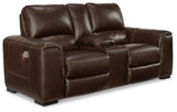 Signature Design by Ashley Alessandro Contemporary Tufted Leather Power Reclining Loveseat with Console and Adjustable Headrest, Dark Brown Signature Design by Ashley