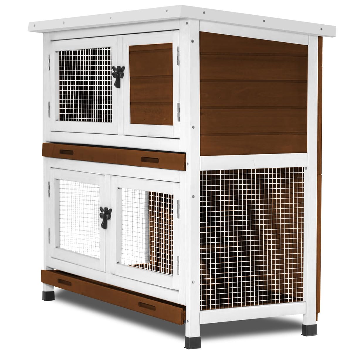 2 Story Rabbit Hutch, Indoor Outdoor Bunny Hutch Solid Wood Rabbit Cage with Removable Trays, Waterproof Asphalt Roofs and Ventilation Door, Small Animal House for Rabbit Guinea Pig Ferret, Walnut AMZOSS