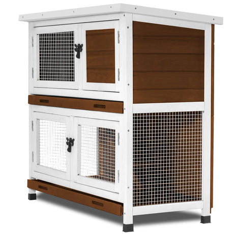 2 Story Rabbit Hutch, Indoor Outdoor Bunny Hutch Solid Wood Rabbit Cage with Removable Trays, Waterproof Asphalt Roofs and Ventilation Door, Small Animal House for Rabbit Guinea Pig Ferret, Walnut AMZOSS