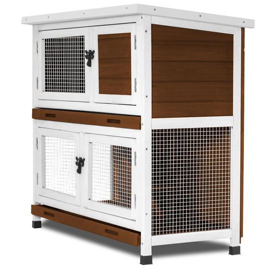 2 Story Rabbit Hutch, Indoor Outdoor Bunny Hutch Solid Wood Rabbit Cage with Removable Trays, Waterproof Asphalt Roofs and Ventilation Door, Small Animal House for Rabbit Guinea Pig Ferret, Walnut