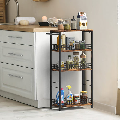 Slim Storage Cart Rolling Kitchen Cart with Wheels Narrow Laundry Storage Utility Cart 4 Tier Bathroom Mobile Shelving Unit Organizer with Wood Tabletop Trolly Cart with Handle for Small Spaces, Brown NORCEESAN