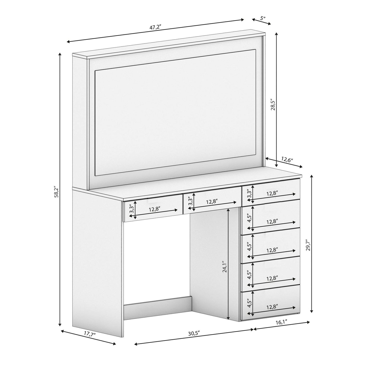 Boahaus Diana Large Vanity Makeup Desk with Vanity Mirror, Built-in Lights, 7 Drawers, Crystal Ball Knobs, Power Outlet, White Makeup Desk for Bedroom, 58.2'' H x 47.2'' W x 17.7'' D