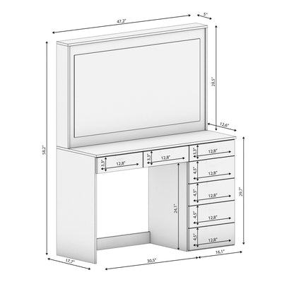 Boahaus Diana Large Vanity Makeup Desk with Vanity Mirror, Built-in Lights, 7 Drawers, Crystal Ball Knobs, Power Outlet, White Makeup Desk for Bedroom, 58.2'' H x 47.2'' W x 17.7'' D