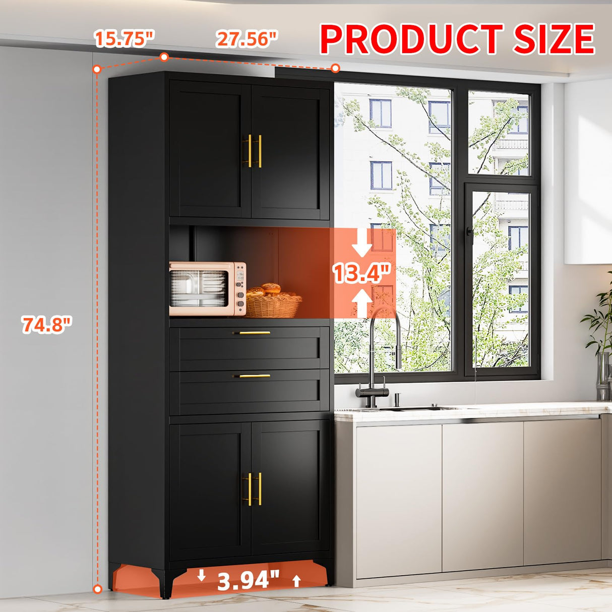 FogQueen 75" Tall Metal Storage Cabinet,Pantry Storage Cabinet with 2 Drawers and Open Space,Kitchen Cupboard with Adjustable Shelves,Multi-Functional Cabinet for Living Room,Bathroom,Garage (Black) FogQueen