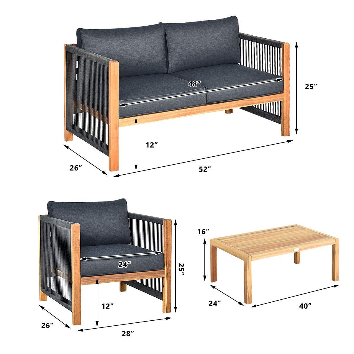 Tangkula Outdoor Wood Furniture Set, Acacia Frame Loveseat Sofa, 2 Single Chairs and Coffee Table, 4 Pieces Conversation Set with Cushions, Garden Balcony Poolside Living (1, Grey) - WoodArtSupply