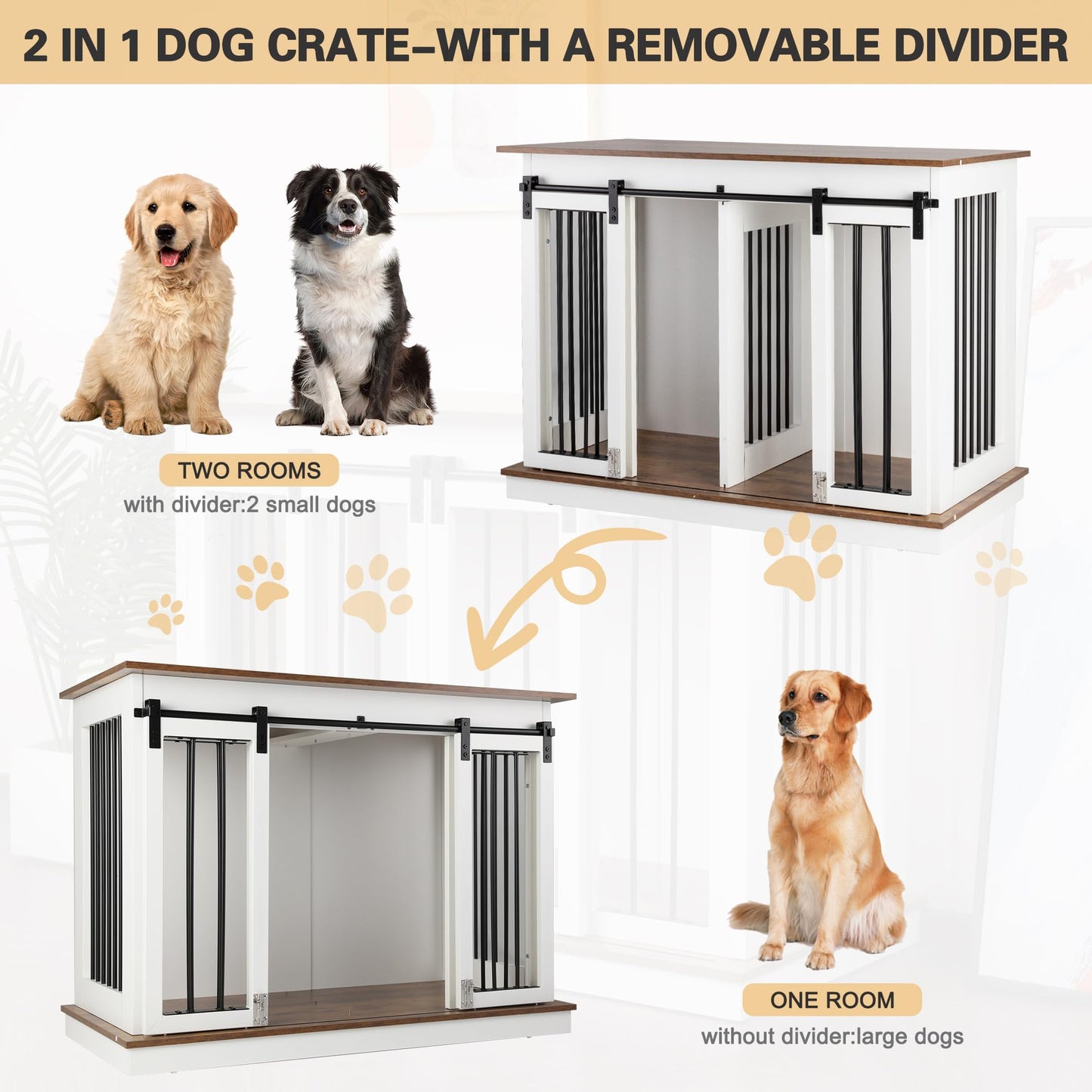 Sunseen Dog Crate Furniture with Divider,Wooden Dog Kennel End Table,Large Breed Dog House Indoor for One Large Dog or Two Small Dogs,Double Doors,47''W*24''D*35''H,White - WoodArtSupply