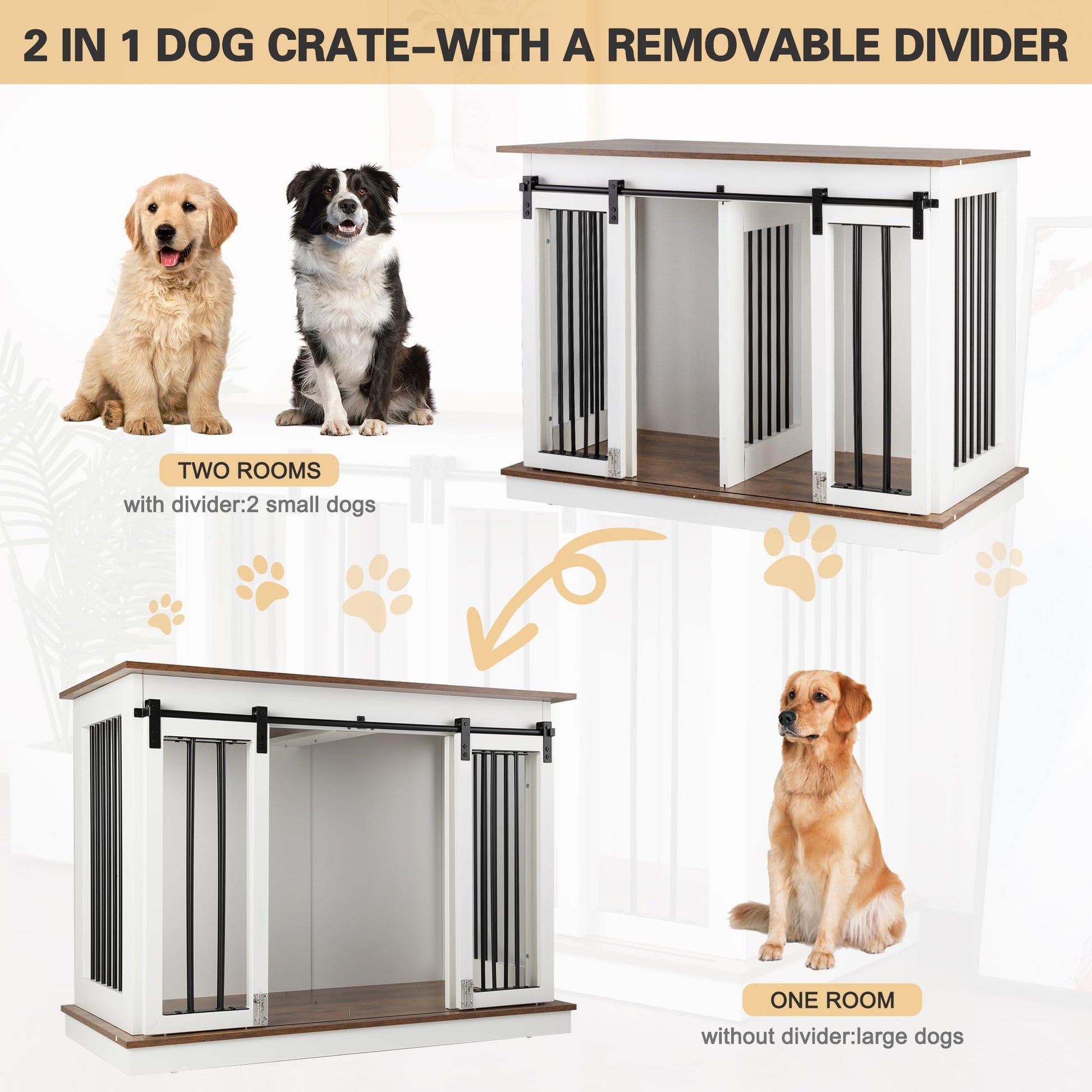 Sunseen Dog Crate Furniture with Divider,Wooden Dog Kennel End Table,Large Breed Dog House Indoor for One Large Dog or Two Small Dogs,Double Doors,47''W*24''D*35''H,White - WoodArtSupply