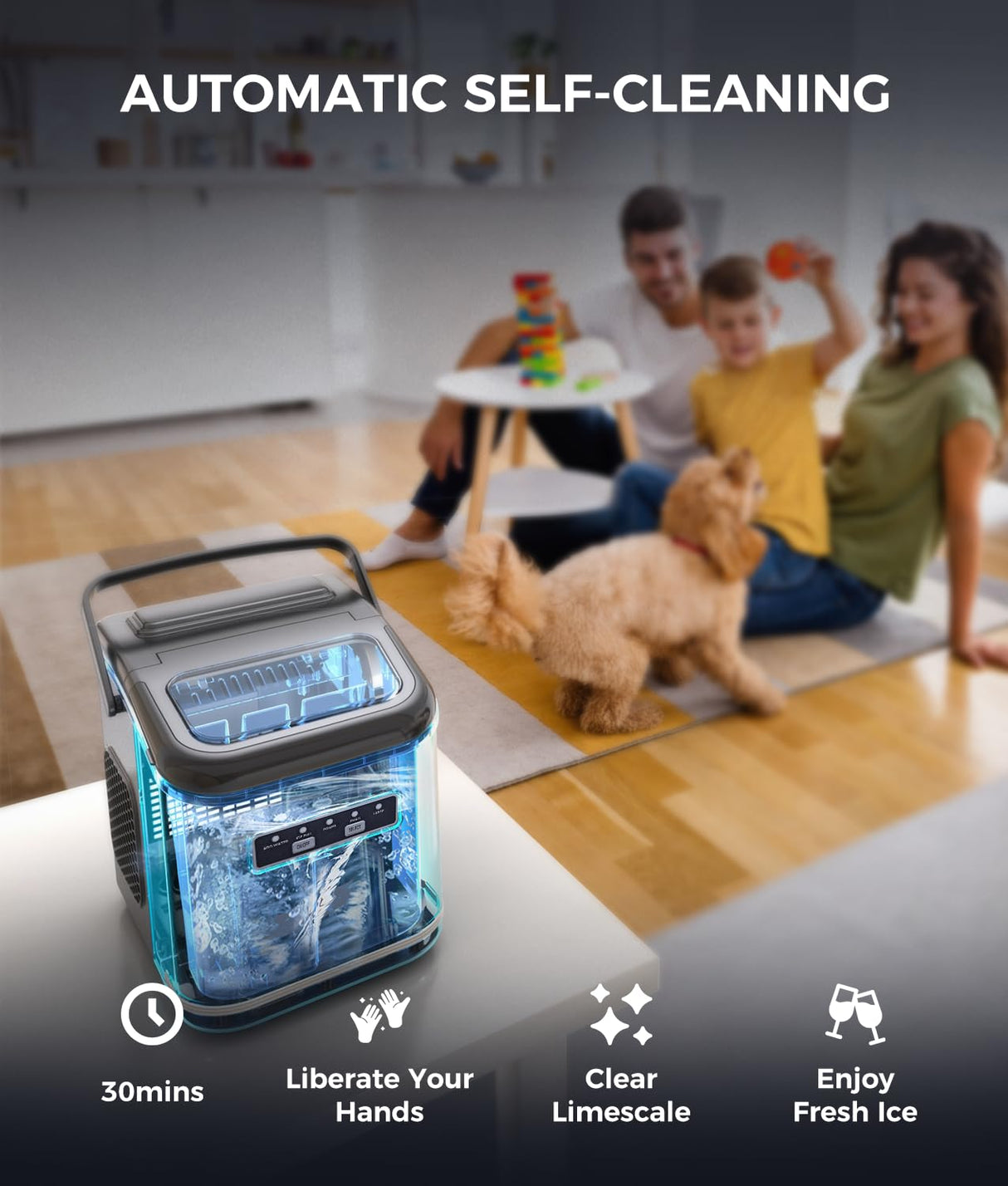 ecozy Countertop Ice Maker, Portable Ice Maker with Self-Cleaning, 9 Bullet Ice Cubes in 6 Mins, 26lbs/24Hrs, Ice Maker Machine with Ice Bags, Handle, Standing Scoop and Basket, Black, IM-BS261C ecozy