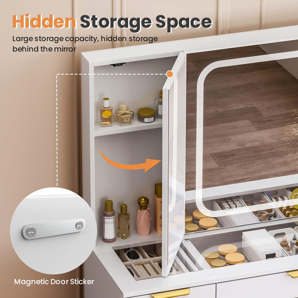 Pamapic 11 Drawers Vanity Desk with Foldable Mirror, Glass Top Makeup Vanity with LED Lights, 3 Lighting Modes, Golden Handles Dressing Table with Chair and Power Outlet Pamapic