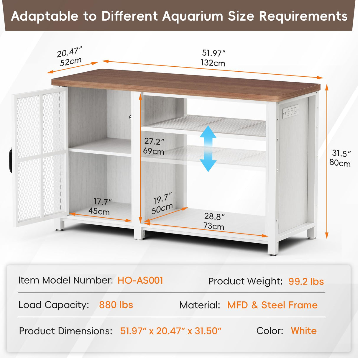 HAIOOU 55-75 Gallon Aquarium Stand with LED Light & Power Outlets, Cross Design Fish Tank Stand Heavy Duty Metal Frame Aquarium Table with Cabinet Storage, Fit for Turtle Tank, 880LBS Loads - White HAIOOU