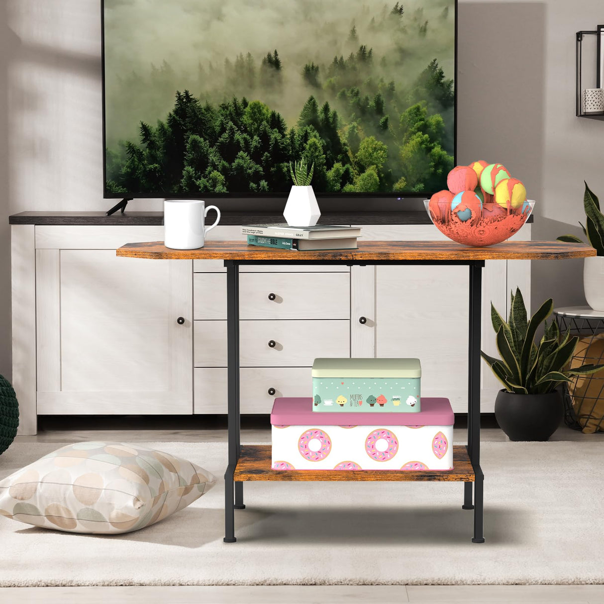 Coffee Table for Living Room, 2 Tier Small Coffee Table with Open Storage Shelf, Center Table Industrial Modern Style Coffee Tables with Wood Tabletop, Rustic Brown CADUKE
