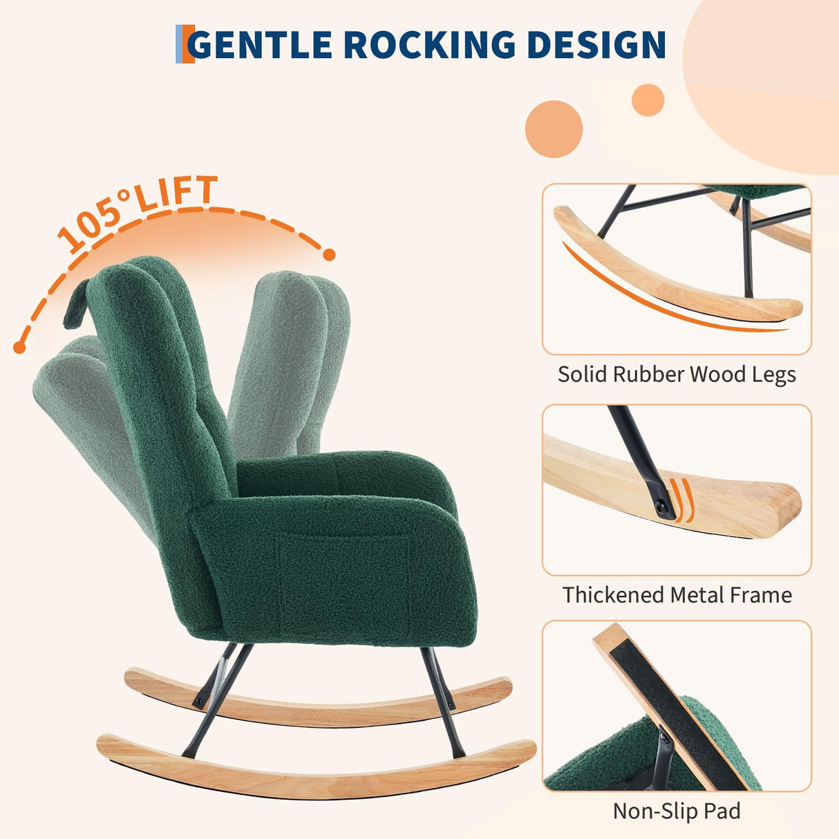 Rocking Chair Nursery Teddy, Upholstered Baby Fluffy Glider Rocker for Adults Small Spaces Indoor, Nursing Chairs for Living Room, Bedroom, Classroom(DarkGreen) GarveeHome