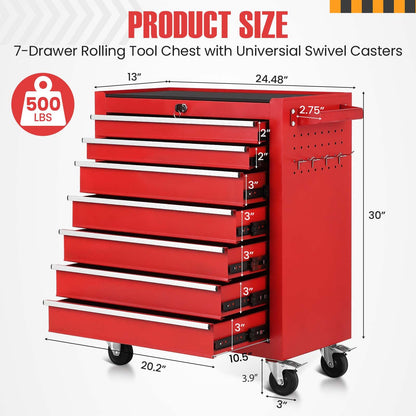 7-Drawer Metal Rolling Tool Chest with Wheels,Heavy Duty Tool Storage Cabinet with Locking System,Toolbox with Wheels for Garage, Warehouse, Workshop, Repair Shop - WoodArtSupply