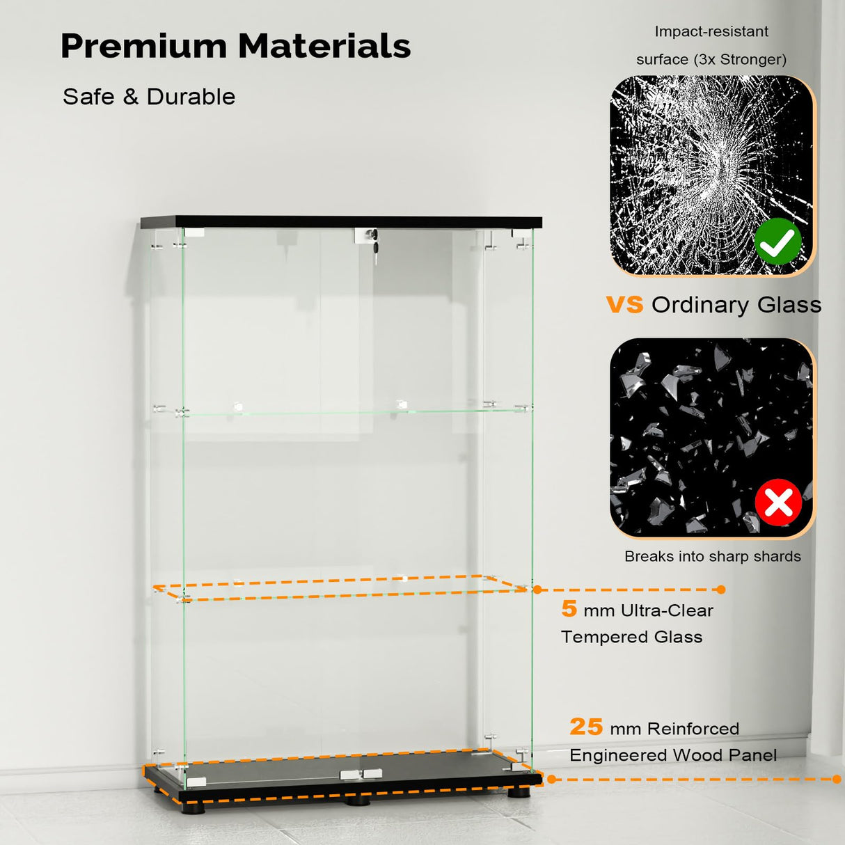 VINGLI Glass Display Cabinet with 3 Shelves, Double Doors and Lock, Floor Standing Curio Cabinets with LED Light, Upgraded Tempered Glass Bookshelf, for Living Room Living Room Bedroom Office, Black VINGLI