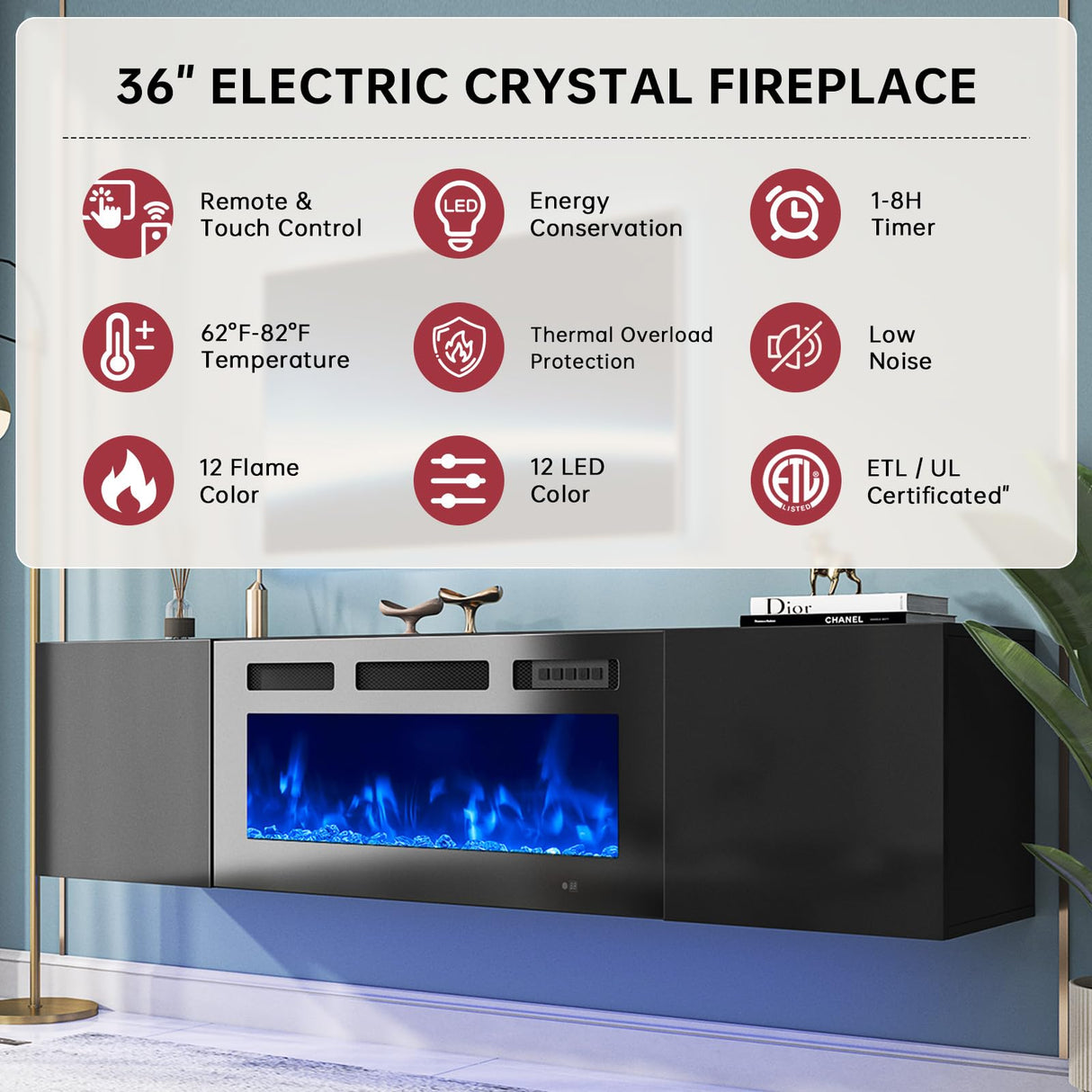 oneinmil 70" Floating TV Stand with 36" Electric Fireplace, Wall Mounted Fireplace Entertainment Center with Storage, Fire Place TV Console with, All Black oneinmil