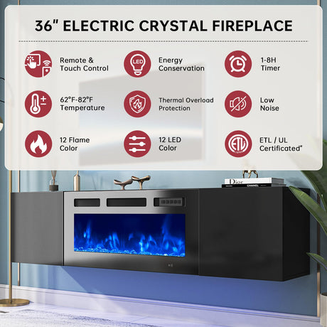 oneinmil 70" Floating TV Stand with 36" Electric Fireplace, Wall Mounted Fireplace Entertainment Center with Storage, Fire Place TV Console with, All Black oneinmil