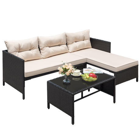 Greesum 3 Piece Patio Furniture Set Outdoor Wicker Rattan Sectional Sofa with Cushions & Coffee Table for Yard, Garden, Porch, Poolside, Light Beige Greesum