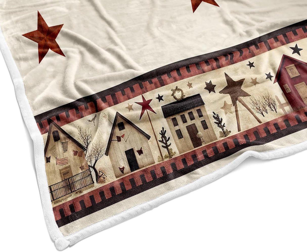 JAWO Rustic Country Throw Blankets, Primitive Barn Star Cozy Warm Bed Couch Blanket, Christmas Farmhouse Theme Fleece Flannel Throws to Decorate The Room and Bedroom 50X60IN JAWO