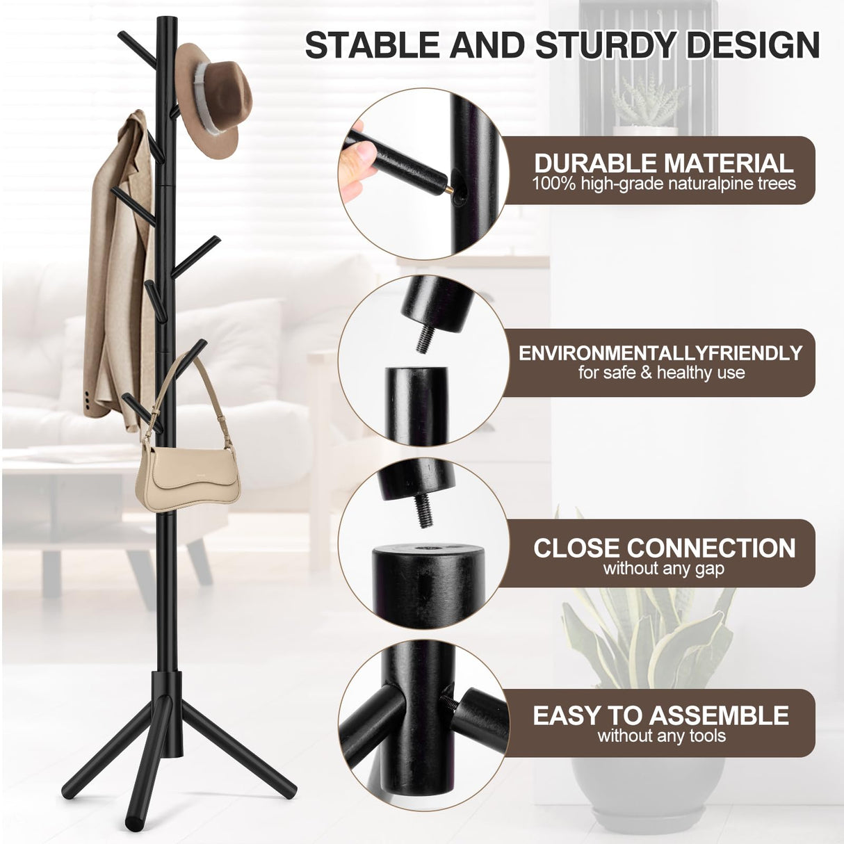 WANGMUXIA Coat Rack, Freestanding Coat Rack with 8 Hooks and 3 Adjustable Size Tree Coat Racks for Bedroom, Hallway, Entrance, Office, for Hats, Coats, Scarves, Handbags WANGMUXIA