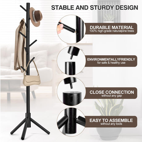 WANGMUXIA Coat Rack, Freestanding Coat Rack with 8 Hooks and 3 Adjustable Size Tree Coat Racks for Bedroom, Hallway, Entrance, Office, for Hats, Coats, Scarves, Handbags WANGMUXIA