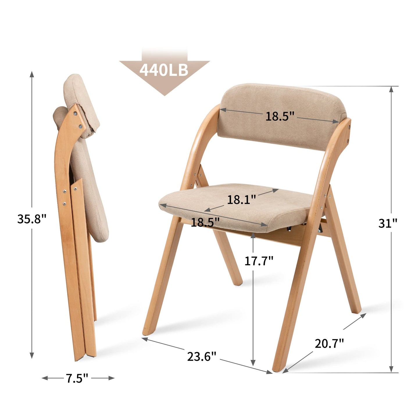 HOMEFUN Folding Chairs with Padded Seats, Wooden Stackable Dining Chairs Set of 2 with Removable Cover Folding Extra Chair for Guests Kitchen Office Wedding Party Picnic, Khaki - WoodArtSupply