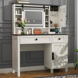Gyfimoie Farmhouse Makeup Vanity Desk with Sliding Mirror and Lights, 42" White Vanity Set with Charging Station & 2 Drawers & 2 Cabinets, Dressing Table for Bedroom (White) Gyfimoie