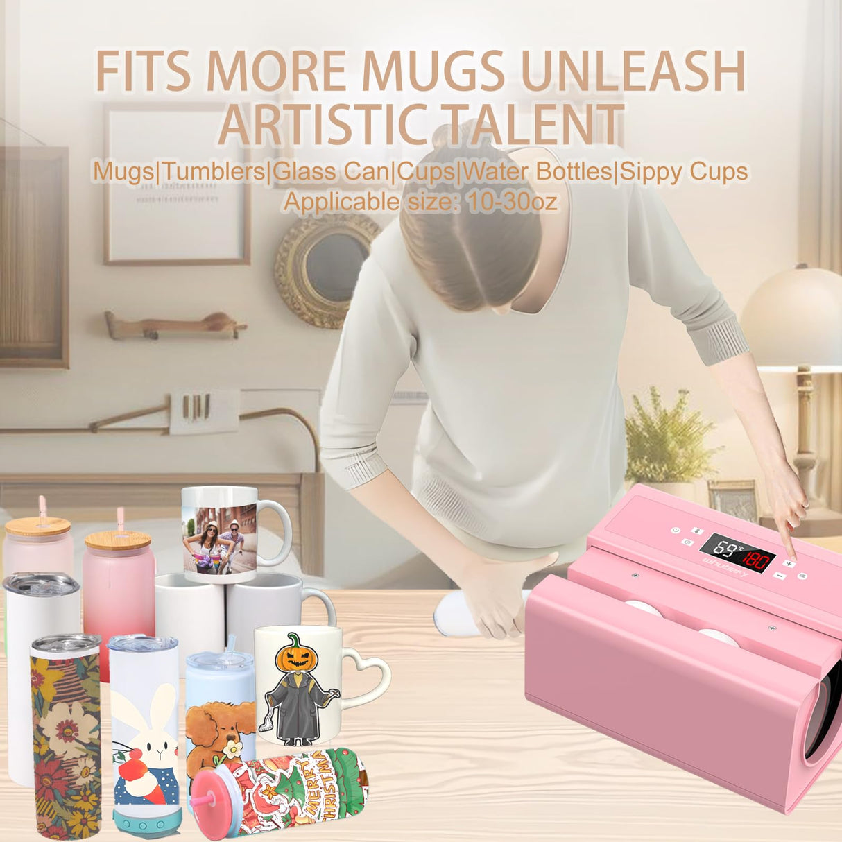 Whubefy Auto Tumbler Heat Press Machine, Pink Mug Heat Press for 10-30oz 2.9-3.34 Inch Heating Even & Fast, PRO Tumbler Press Machine with Starter Kit, Sublimation for Tumbler, Glass Jar, Can & Mugs Whubefy