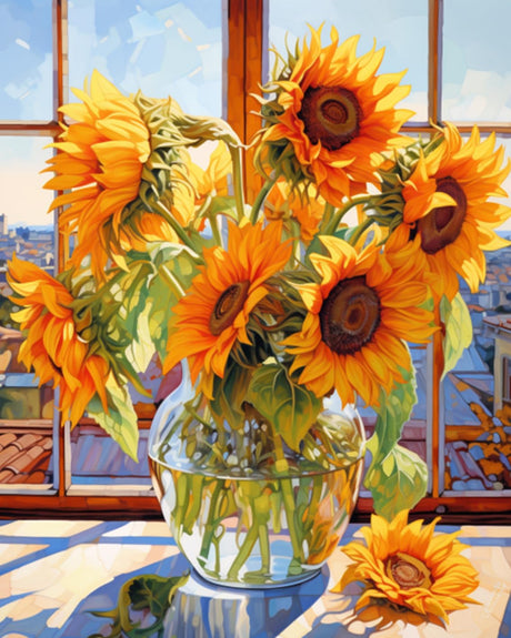 Tucocoo Sunflowers DIY Paint by Numbers for Adults Flowers in Glass Vase DIY Oil Painting Acrylic Paint Art Painting Kits Canvas with Acrylic Paint Floral Art 16x20 Inch （Without Frame ） Tucocoo