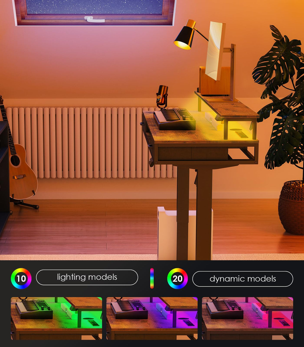 OffiGo Electric Standing Desk with Drawers & Keyboard Tray, 63 Inch Height Adjustable Desk with Power Outlets & LED Lights, Sit Stand Table with Monitor Stand for Home, Office, Rustic Brown OffiGo