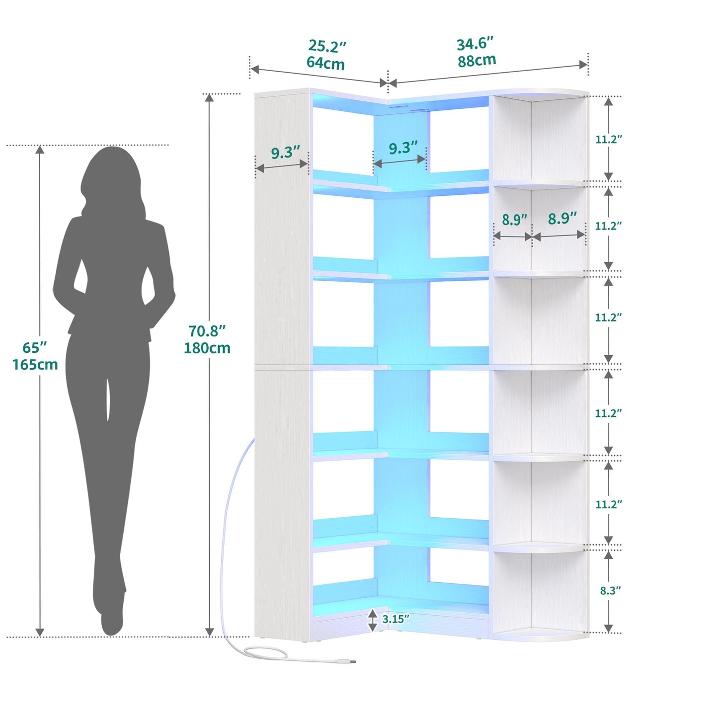 YITAHOME 6 Tier Corner Bookshelf with LED Light, White Bookshelf L-Shaped Bookcase Storage Display Shelf for Home Office, Living Room, White