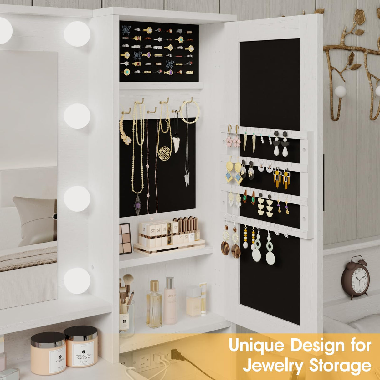 Fameill Vanity Desk with Mirror and Lights,Make up Vanity with Chair and Outlet,Dressing Table with Jewelry Cabinet, Bedroom Vanity with 2 Drawers, 3 Lighting Colors,36.4 inch,White Fameill