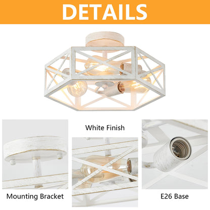 XSDeTu 3-Light Flush Mount Ceiling Light Fixture, Modern Close to Ceiling Light with White Metal Hexagon Cage, Farmhouse Ceiling Light for Bedroom, Hallway, Entry, Foyer, Kitchen