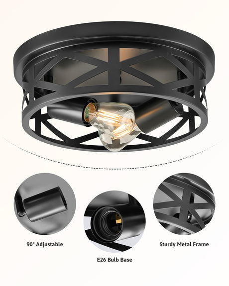 VONLUCE Flush Mount Ceiling Lights, 2-Light Hallway Ceiling Lighting Fixtures, 11 inch Farmhouse Metal Cage Ceiling Lights for Entryway Kitchen, Adjustable Lamp Holders, ETL, 2 pcs, Black VONLUCE