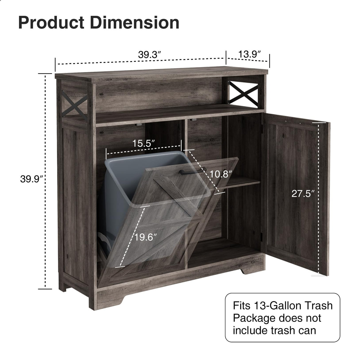 Befrases Tilt Out Trash Can Cabinet for 13 * 1 Gallon Trash Can, Farmhouse Kitchen Island Cabinet with Adjustable Shelf for Hidden Laundry Basket, Dog Proof Garbage Can for Dining Living Room, Grey Befrases