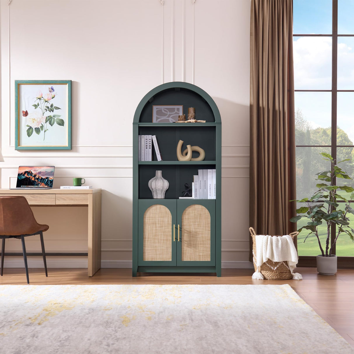 RowyPoey Rattan Arched Cabinet Bookshelf - 69.3” Tall Mid Century Display Cabinet, Rounded Bookcase with Rattan Doors, Open Shelf Storage for Dining Room (Green, 1 PC) RowyPoey