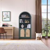 RowyPoey Rattan Arched Cabinet Bookshelf - 69.3” Tall Mid Century Display Cabinet, Rounded Bookcase with Rattan Doors, Open Shelf Storage for Dining Room (Green, 1 PC) RowyPoey
