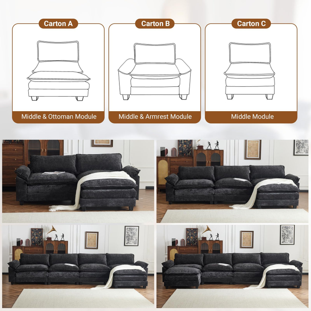 VINGLI 122" Cloud Black Convertible Sectional Sofa, Comfy L-Shape Extra Deep Seat Sofa Couch for Living Room,Modern Chenille 3-Seat Convertible Sofa with Movable Ottoman for Small Space VINGLI