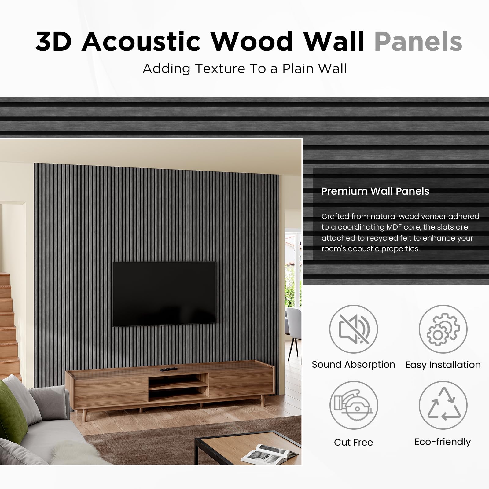 Wood Slat Acoustic Panels, 94.5" x 12.6" Each Soundpoof Wooden Slat Wall Panel - Black Oak, 2 Pack - WoodArtSupply