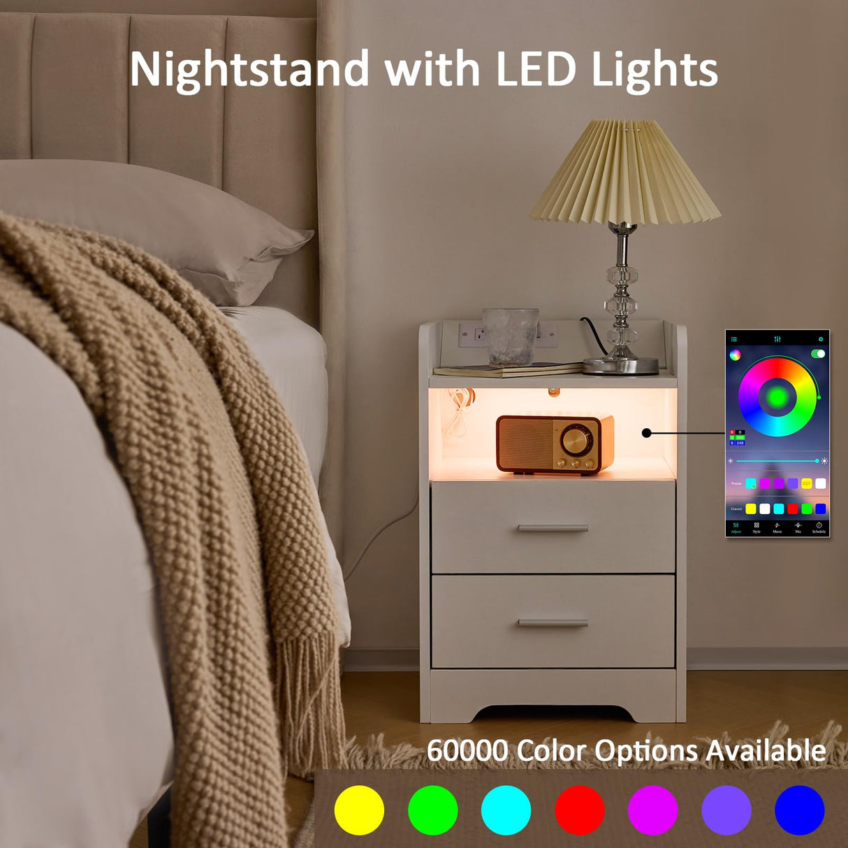 Mellolivin Nightstand Set of 2 with Charging Station and LED Lighting, White Night Stand with 2 Drawers, Modern Wood Nightstand, Bedside Table, End Table for Bedroom and Living Mellolivin