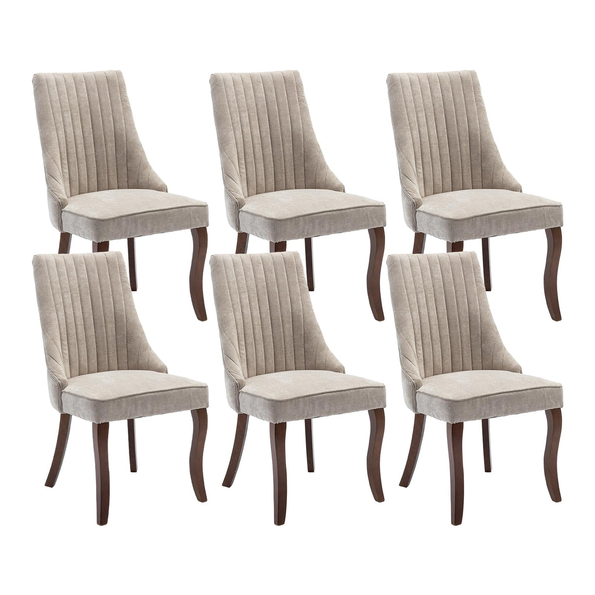 MZDOO Dining Chairs Set of 6，Linen Channel Tufted Kitchen Dining Room Chair with Curved Solid Wood Legs, Comfortable Fabric Upholstered Dining Chair for Dining Room, (Beige, 6pc) MZDOO