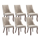 MZDOO Dining Chairs Set of 6，Linen Channel Tufted Kitchen Dining Room Chair with Curved Solid Wood Legs, Comfortable Fabric Upholstered Dining Chair for Dining Room, (Beige, 6pc) MZDOO