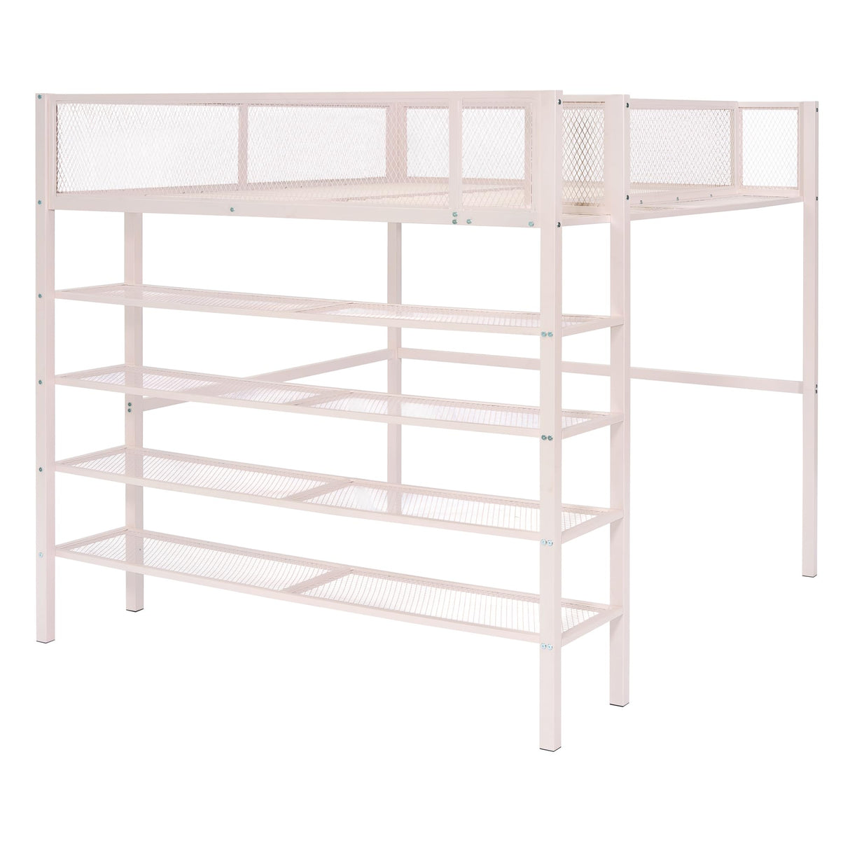 Bellemave Full Size Loft Bed with 4-Tier Shelves and Storage, Metal Loft Bed with Bookshelf, Full Size Loft Bed with Storage Stairs(with Bookshelf, Pink) Bellemave