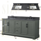 Vanity Art 72 Inch Double Sink Bathroom Vanity with Ceramic Sink and Stone Top | Undermount Rectangular Cabinet with Soft Closing Doors, Dovetailed Drawers, No Mirror VA5072-DVG Vanity Art