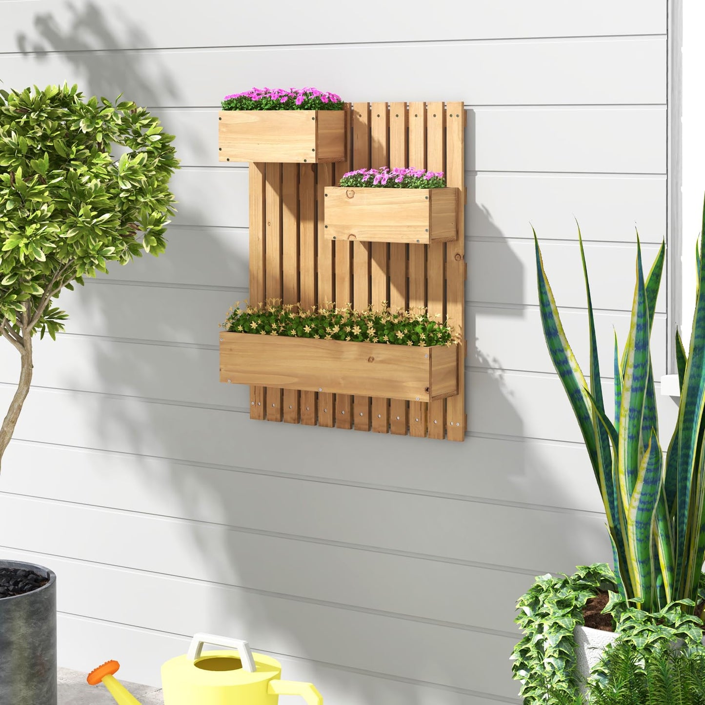 Giantex Wall-Mounted Raised Garden Bed w/Trellis Board, 3 Wooden Garden Boxes Set w/Drainage Hole, Fabric Liners, Hanging Hooks, Indoor Outdoor Decorative Planters for Fruit Vegetable Vine Flower