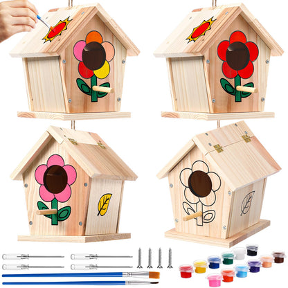 Gemscream 4 Sets Wooden Birdhouse Kit Buildable DIY Birdhouse Crafts for Adults Kids Including Paints Brushes Screwdrivers Christmas Easter Basket Stuffers Art Gifts for Boy or Girl Ages 4+