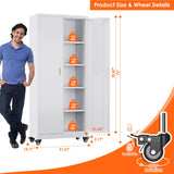 Aobabo 73''H Metal Garage Storage Cabinet with Wheels and Pegboards, 4 Adjustable Shelves Steel Storage Cabinets for Home,Warehouse,Garage,Assembly Required,White Aobabo