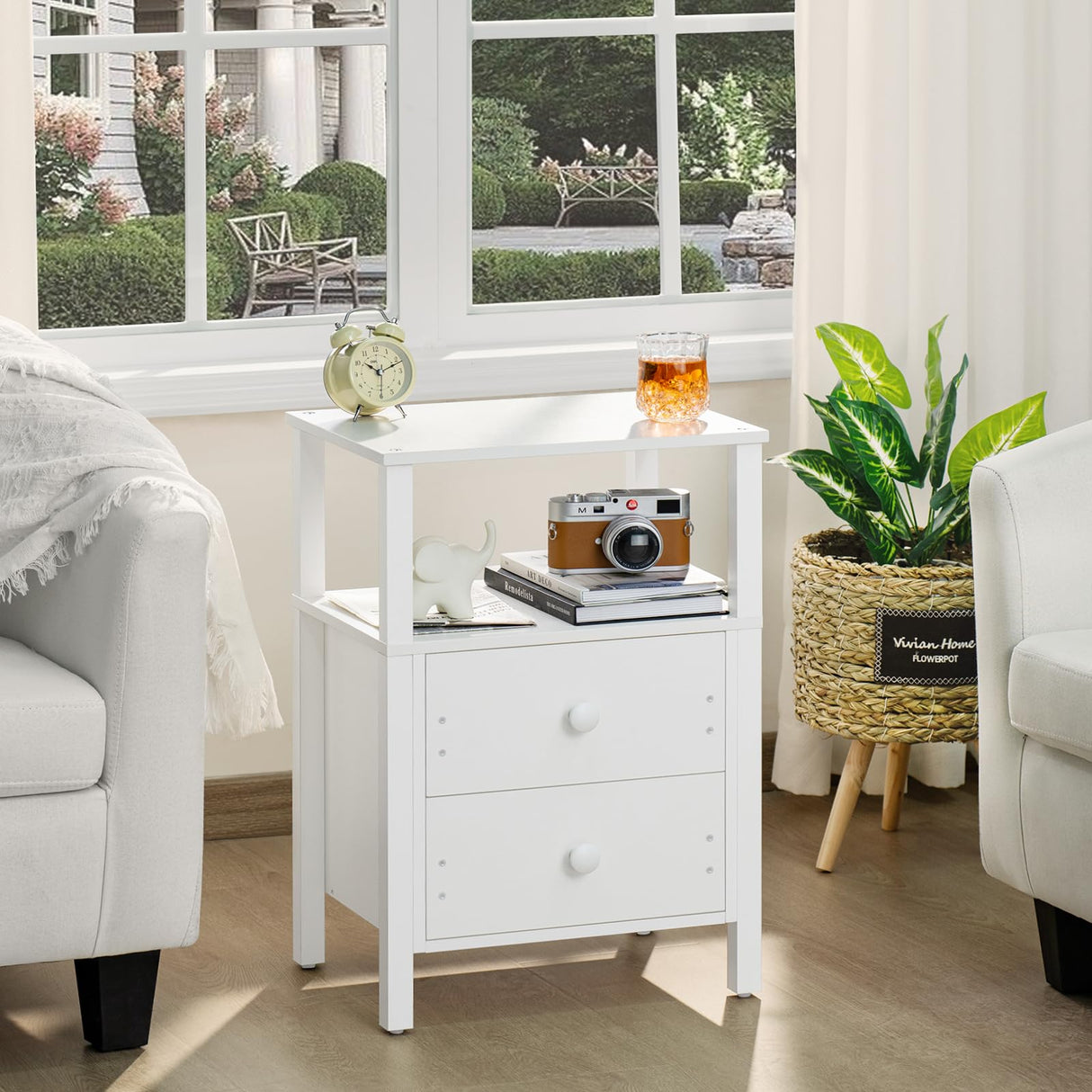 Lerliuo White Night Stand, Small Nightstand with 2 Wood Drawers and Storage Shelf, Modern Bedside Table with Wooden Frame, Rustic Couch Nightstand for Small Spaces, Narrow End Tables for Bedroom Lerliuo