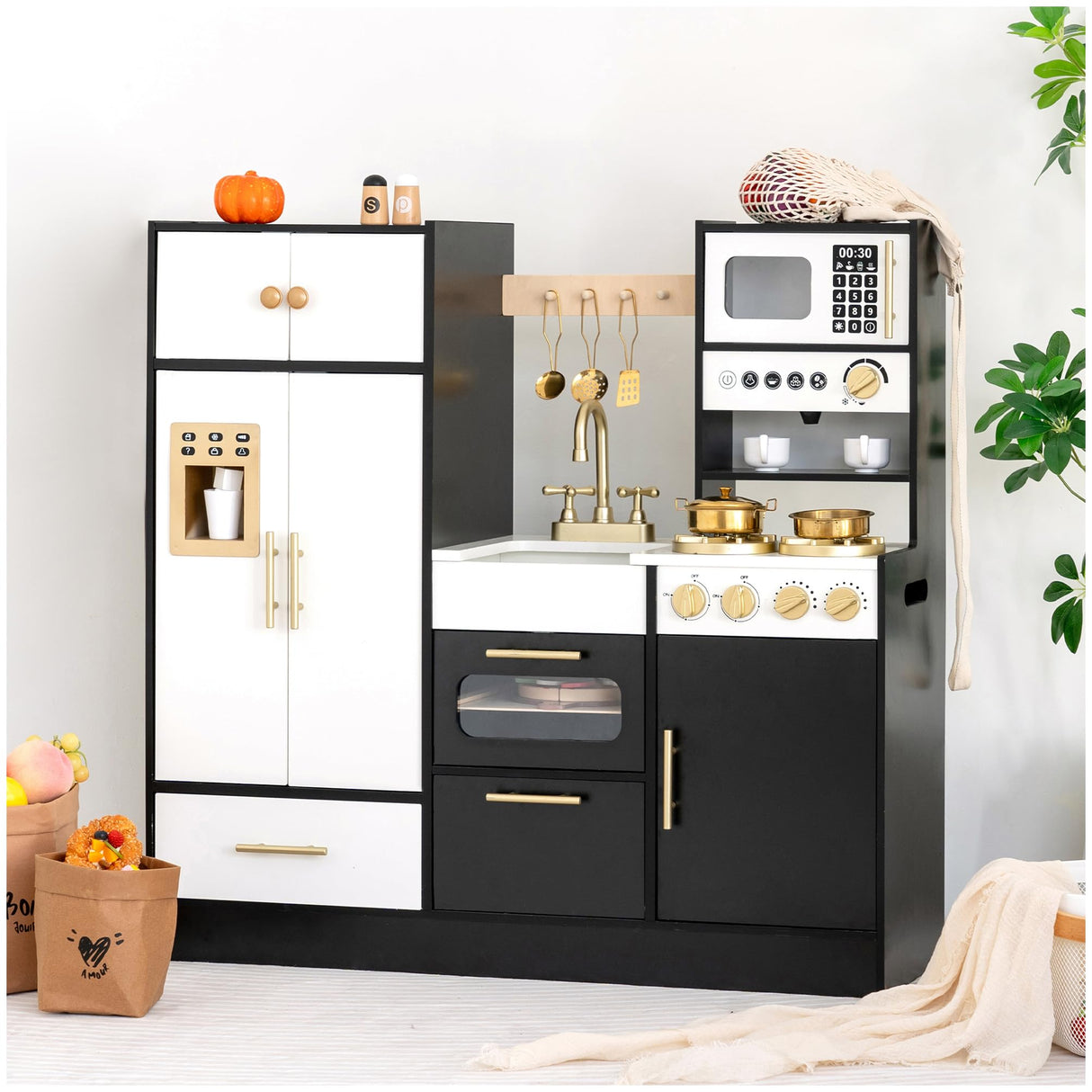 Wooden Play Kitchen Set for Kids – Interactive Pretend Toddler Kitchen Playset with 12 Kitchen Toy Accessories, Perfect for Ages 3+ Leeshyah