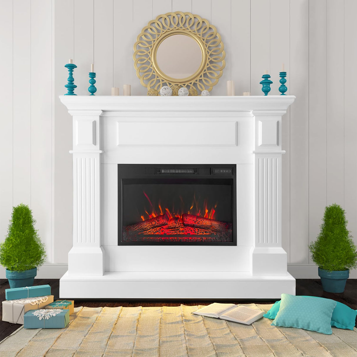 43 Inch White Electric Fireplace with Mantel, Stylish Heater for Your Living Room or Bedroom, Includes Remote Control and LED Flame Effects Cloud Mountain